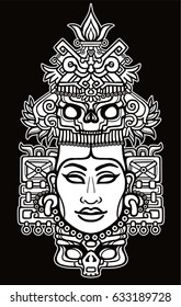 Animation portrait of the pagan goddess  based on motives of art Native American Indian. White vector illustration isolated on a black background. 