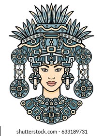Animation portrait of the pagan goddess  based on motives of art Native American Indian.   Color decorative drawing. Vector illustration isolated on a white background.