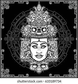 Animation portrait of the pagan goddess  based on motives of art Native American Indian.   Monochrome decorative drawing. Vector illustration. Background - a decorative frame, a magic circle.