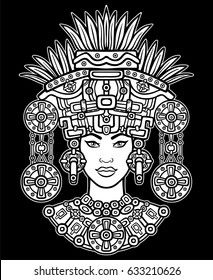 Animation portrait of the pagan goddess  based on motives of art Native American Indian.   Monochrome decorative drawing isolated on a black background. Vector illustration.