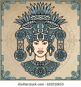 Animation portrait of the pagan goddess  based on motives of art Native American Indian.  Color decorative drawing. Vector illustration. Background - a decorative frame, a magic circle.