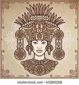Animation portrait of the pagan goddess based on motives of art Native American Indian. Color decorative drawing. Vector illustration. Background - a decorative frame, a magic circle.