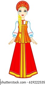 Animation portrait of the Russian girl in ancient clothes.  Full growth. Vector illustration isolated on a white background.