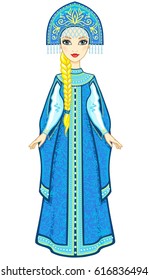 Animation portrait of the Russian princess in ancient clothes.  Snow Maiden, Vasilisa, character of the fairy tale. . Full growth. Vector illustration isolated on a white background.