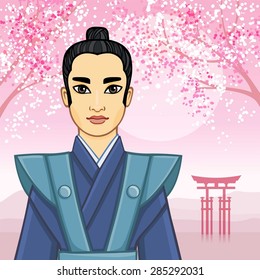 Animation portrait of the Samurai a background the blossoming Oriental cherry.