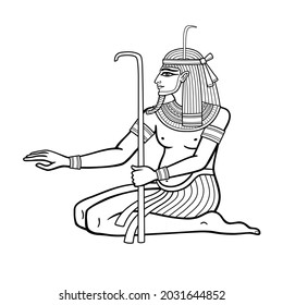 Animation portrait sitting Egyptian God Hapi. God of fertility, of water, of  Nile River. Vector illustration isolated on a white background. Print, poster, t-shirt, tattoo.