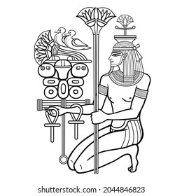 Animation portrait: sitting 
 Egyptian God Hapi presents river gifts. God of fertility, of water, of  Nile River. Vector illustration isolated on a white background. Print, poster, t-shirt