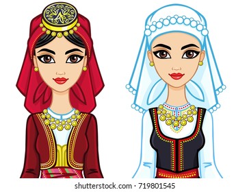 Animation portrait of two young Greek girls in ancient suits. Vector illustration isolated on a white background.