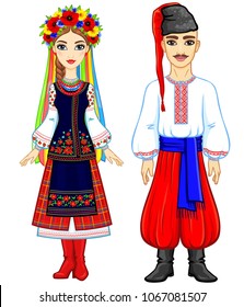 Animation portrait of the Ukrainian family in national  clothes. Full growth. Eastern Europe. Vector illustration isolated on a white background.