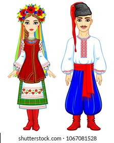 Animation portrait of the Ukrainian family in national  clothes. Full growth. Eastern Europe. Vector illustration isolated on a white background.