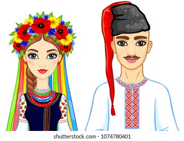 Animation portrait of the Ukrainian family in national clothes. Eastern Europe. Vector illustration isolated on a white background.