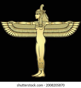 Animation  portrait: winged goddess of justice Maat. Full growth. Profile view. Gold imitation.  Vector illustration isolated on a black background. Print, poster, t-shirt, tattoo.