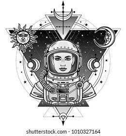 Animation portrait of the woman astronaut in a space suit.Background - the star sky, sacred geometry, symbols of the moon and the sun.Vector illustration isolated. Print, poster, t-shirt, card.