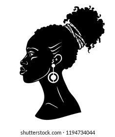 Animation portrait of the young African woman. Profile view. Monochrome linear drawing. Vector illustration isolated on a white background. Print, poster, t-shirt, card.