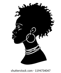 Animation portrait of the young African woman. Profile view. Monochrome linear drawing. Vector illustration isolated on a white background. Print, poster, t-shirt, card.