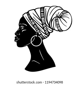 Animation portrait of the young African woman in a turban. Profile view. Monochrome linear drawing. Vector illustration isolated on a white background. Print, poster, t-shirt, card.