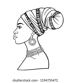 Animation portrait of the young African woman in a turban. Profile view. Monochrome linear drawing. Vector illustration isolated on a white background. Print, poster, t-shirt, card.