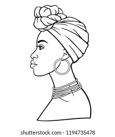 Animation portrait of the young African woman in a turban. Profile view. Monochrome linear drawing. Vector illustration isolated on a white background. Print, poster, t-shirt, card.