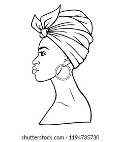 Animation portrait of the young African woman in a turban. Profile view. Monochrome linear drawing. Vector illustration isolated on a white background. Print, poster, t-shirt, card.