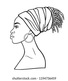 Animation portrait of the young African woman in a turban. Profile view. Monochrome linear drawing. Vector illustration isolated on a white background. Print, poster, t-shirt, card.