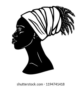 Animation portrait of the young African woman in a turban. Profile view. Monochrome linear drawing. Vector illustration isolated on a white background. Print, poster, t-shirt, card.
