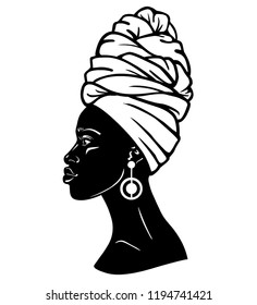 Animation portrait of the young African woman in a turban. Profile view. Monochrome linear drawing. Vector illustration isolated on a white background. Print, poster, t-shirt, card.