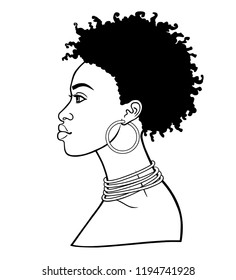 Animation portrait of the young African woman. Profile view. Monochrome linear drawing. Vector illustration isolated on a white background. Print, poster, t-shirt, card.