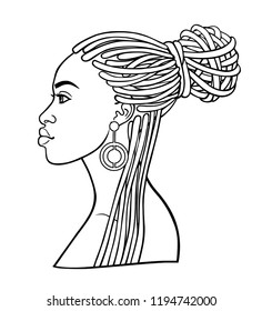 Animation portrait of the young African woman. Profile view. Monochrome linear drawing. Vector illustration isolated on a white background. Print, poster, t-shirt, card.
