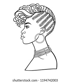 Animation portrait of the young African woman. Profile view. Monochrome linear drawing. Vector illustration isolated on a white background. Print, poster, t-shirt, card.