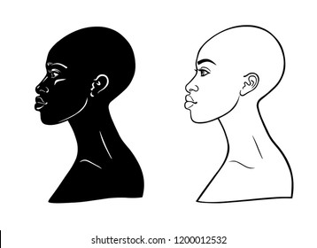 Animation portrait of the young African woman. Profile view. Black and linear option. Template. Vector illustration isolated on a white background. 