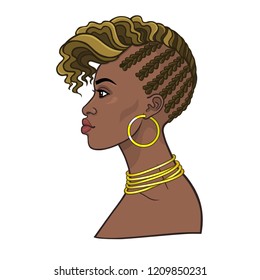 Animation portrait of the young African woman. Profile view. Color drawing. Vector illustration isolated on a white background. Print, poster, t-shirt, card.