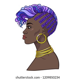 Animation portrait of the young African woman. Profile view. Color drawing. Vector illustration isolated on a white background. Print, poster, t-shirt, card.