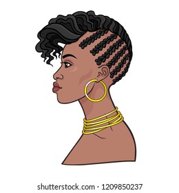 Animation portrait of the young African woman. Profile view. Color drawing. Vector illustration isolated on a white background. Print, poster, t-shirt, card.