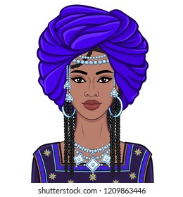 Animation portrait of the young African woman in a turban and ancient clothes.  Color drawing. Vector illustration isolated on a white background. Print, poster, t-shirt, card.