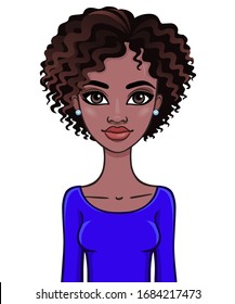 Animation portrait of a young African woman. Template for use.  Vector illustration isolated on white background.