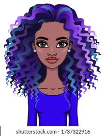 Animation portrait of a young African woman with long blue curly hair. Template for use.  Vector illustration isolated on white background.