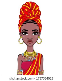 Animation portrait of a young African woman in a red turban and ethnic jewelry. Template for use.  Vector illustration isolated on white background.