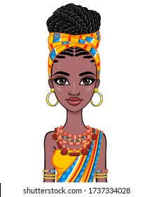 Animation portrait of a young African woman in a orange turban and ethnic jewelry. Template for use.  Vector illustration isolated on white background.