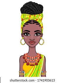 Animation portrait of a young African woman in a turban and ethnic jewelry. Template for use.  Vector illustration isolated on white background.