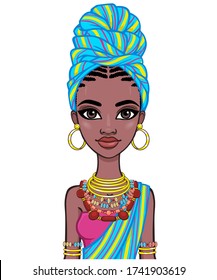 Animation portrait of a young African woman in a blue striped turban and ethnic jewelry. Template for use.  Vector illustration isolated on white background.