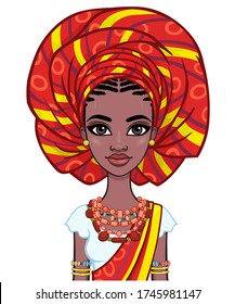 Animation portrait of a young African woman in a turban and ethnic jewelry. Template for use.  Vector illustration isolated on white background.