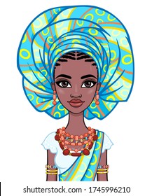 Animation portrait of a young African woman in a turban and ethnic jewelry. Template for use.  Vector illustration isolated on white background.