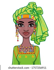 Animation portrait of a young African woman in a green turban and ethnic jewelry. Template for use.  Vector illustration isolated on white background.