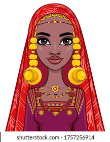 Animation portrait of a young African woman in a scarf  and ancient ethnic jewelry. Template for use.  Vector illustration isolated on white background.