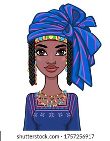 Animation portrait of a young African woman in a blue turban and ethnic jewelry. Template for use.  Vector illustration isolated on white background.