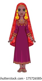 Animation portrait of a young African woman in a scarf  and ancient ethnic jewelry.  Full growth. Color drawing. Vector illustration isolated on a white background. 