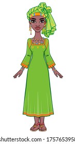 Animation portrait of a young African woman in a green turban and ethnic jewelry. Full growth. Template for use.  Vector illustration isolated on white background.