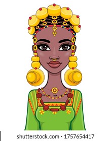 Retrato de animación de una joven africana con joyas étnicas antiguas. Plantilla de uso.  Ilustración vectorial aislada en fondo blanco.