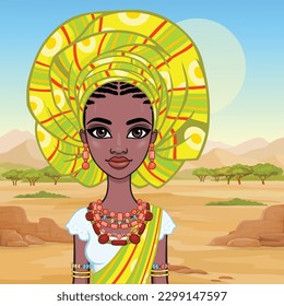 Animation portrait of a young African woman in ancient ethnic jewelry. Background - landscape desert, mountains, trees. Vector illustration.