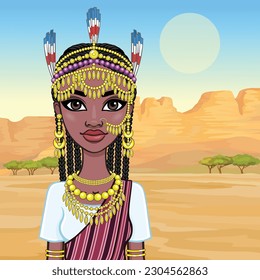 Animation portrait of a young African woman in ancient ethnic jewelry. Background - landscape desert, canyon, trees. Vector illustration.